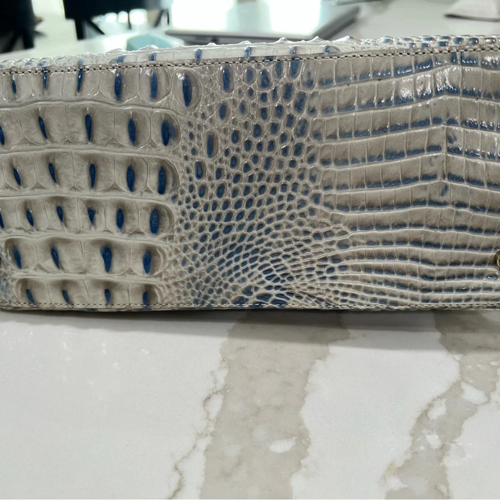 Brahmin Cream and Blue Croc-Embossed Leather Satchel